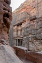 Side view photograph of the facade of the Treasury Building at Petra, Jordan Royalty Free Stock Photo