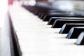 Side view of piano keys. Close-up of piano keys. Close frontal view. Piano keyboard with selective focus. Diagonal view. Piano key Royalty Free Stock Photo