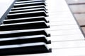 Side view of piano keys. Close-up of piano keys. Close frontal view. Piano keyboard with selective focus. Diagonal view. Piano key Royalty Free Stock Photo