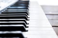 Side view of piano keys. Close-up of piano keys. Close frontal view. Piano keyboard with selective focus. Diagonal view. Piano key Royalty Free Stock Photo