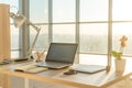 Side view picture of studio workplace with blank notebook, laptop. Comfortable work table, home office.