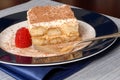Side view of a piece of tiramisu dusted with cocoa with a fork o