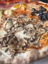 side view pizza with mushroom and olives