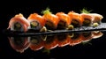 Side view of portion of Japanese sushi roll with caviar, avocado and salmon on top served on wooden board.