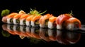 Side view of portion of Japanese sushi roll with caviar, avocado and salmon on top served on wooden board.