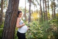 Portrait of happy pregnant woman outdoors in nature, touching her belly. Royalty Free Stock Photo