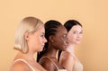 Side View Portrait Of Three Beautiful Interracial Women Standing Over Beige Background Royalty Free Stock Photo