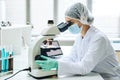 Young female scientist looking in microscope Royalty Free Stock Photo