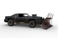 3D rendering of a post apocalyptic vehicle with blood stained plow isolated on a white background