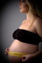 Side view of pregnant female measuring her tummy Royalty Free Stock Photo