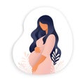 Side view of pregnant woman, pregnancy concept in trendy paper cut craft graphic style. Modern abstract design of