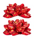 Side view of red bow with star pattern isolated on white background. Beautiful ribbon for gift box. Clipping path