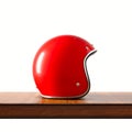 Side view of red color vintage style motorcycle helmet on natural wooden desk.Concept classic object isolated at white Royalty Free Stock Photo