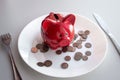 Side view of a red piggy bank on a plate with cutlery. Eat savings, consumer savings concept, eating savings. Consumer savings