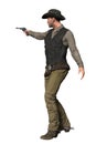 Side view render of a mature cowboy pointing a gun