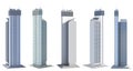 5 side view renders of fictional design futuristic tall buildings living towers with sky reflections - isolated on white, 3d