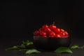 Side view of ripe red acerola cherries fruit in a ceramic bowl with a black background. Royalty Free Stock Photo