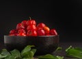 Side view of ripe red acerola cherries fruit in a ceramic bowl with a black background. Royalty Free Stock Photo