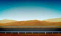 Side view of a road with a crash barrier, roadside, desert with sand dunes clear blue sky background, vector illustration