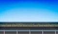 Side view of a road with a crash barrier, roadside green meadow clear blue sky background, vector illustration