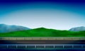 Side view of a road with a crash barrier, roadside, green meadow in the hills clear blue sky background, vector illustration Royalty Free Stock Photo