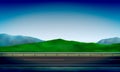 Side view of a road with a crash barrier, roadside, green meadow in the hills and clear blue sky background, vector Royalty Free Stock Photo