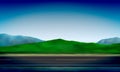 Side view of a road, roadside, green meadow in the hills clear blue sky background, vector illustration Royalty Free Stock Photo