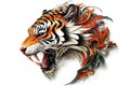 Roaring tiger head emerging from floral ornament on white background Royalty Free Stock Photo