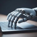side view of a Robot hand using a laptop close up. ai generative Royalty Free Stock Photo