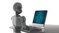 Side view of robot using a computer with binary data number code Royalty Free Stock Photo