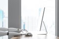 Side view of robot using computer Royalty Free Stock Photo