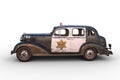 Side view 3D illustration of a rusty dirty old vintage police car isolated on white Royalty Free Stock Photo