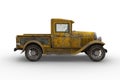 Side view of rusty old yellow vintage pickup truck with peeling paintwork. 3D rendering isolated on white background