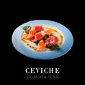 Side view of Salmon and Tuna Ceviche dish isolated on black background. Ready square menu banner with text and copy space. Starter Royalty Free Stock Photo