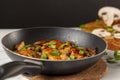 Side view selective focus image of sauteed roasted chicken breasts in a non stick frying pan Royalty Free Stock Photo