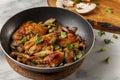 Side view selective focus image of sauteed roasted chicken breasts in a non stick frying pan Royalty Free Stock Photo