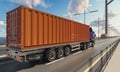 Side View of a Semi Trailer Container Truck over the Bridge Royalty Free Stock Photo