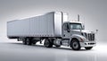 Side view of a semi trailer truck with long flat panel trailer and cab, clean white background Royalty Free Stock Photo