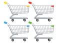 Side view of Set of colored Shopping Carts and Trolleys. 3D rendering illustration isolated on white background Royalty Free Stock Photo