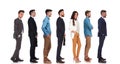 Side view of seven different people standing in line