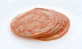 Several slices of spicy chicken luncheon meat on a plate Royalty Free Stock Photo