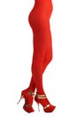 Sexy view of slim woman body lower part wearing red tights and high-heeled shoes Royalty Free Stock Photo