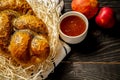 Side view on Shabbat challah. braided loaf of bread flour with fruits and honey. Jewish pastries. Flat lay Royalty Free Stock Photo