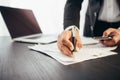 Business man hands busy using cell phone at office desk Royalty Free Stock Photo