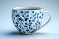 Elegant white teacup features a delicate blue leaf pattern and a gold rim detail Royalty Free Stock Photo
