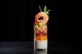 side view of shrimp cocktail in tall glass, sauce on bottom Royalty Free Stock Photo