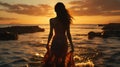 Side view silhouette of a girl standing in the water on a beach as the sunset Royalty Free Stock Photo