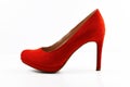 Single elegant red synthetic suede leather high heel woman shoe isolated on white background