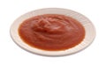 Small bowl of pizza sauce on a white background.