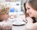 Side view of smiling young female friends looking at each other in cafe Royalty Free Stock Photo